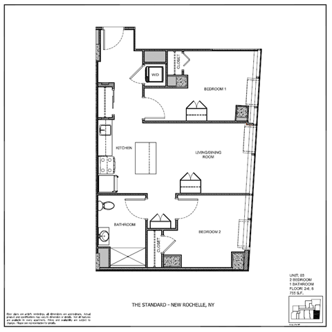 Floor plan for 2 beds, 1 bath, 755 sqft